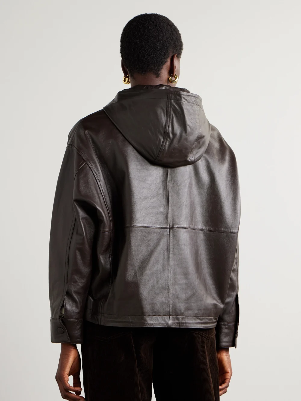 Back view of the Yves Salomon Leather Hooded Jacket