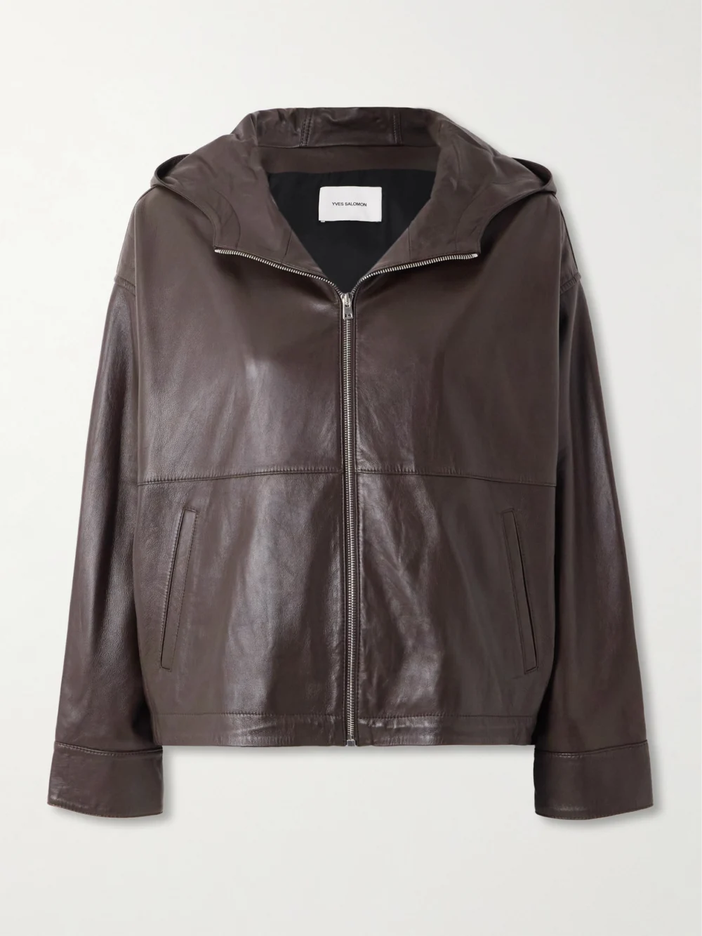Yves Salomon Leather Hooded Jacket in dark brown