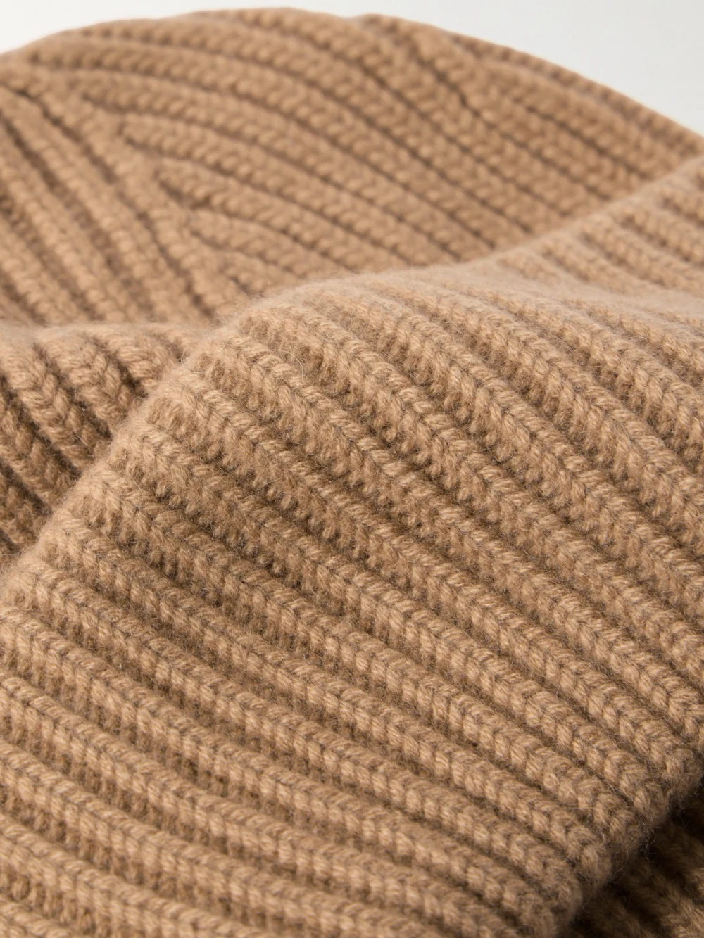 Close-up detail of the Yves Salomon Ribbed Cashmere Beanie