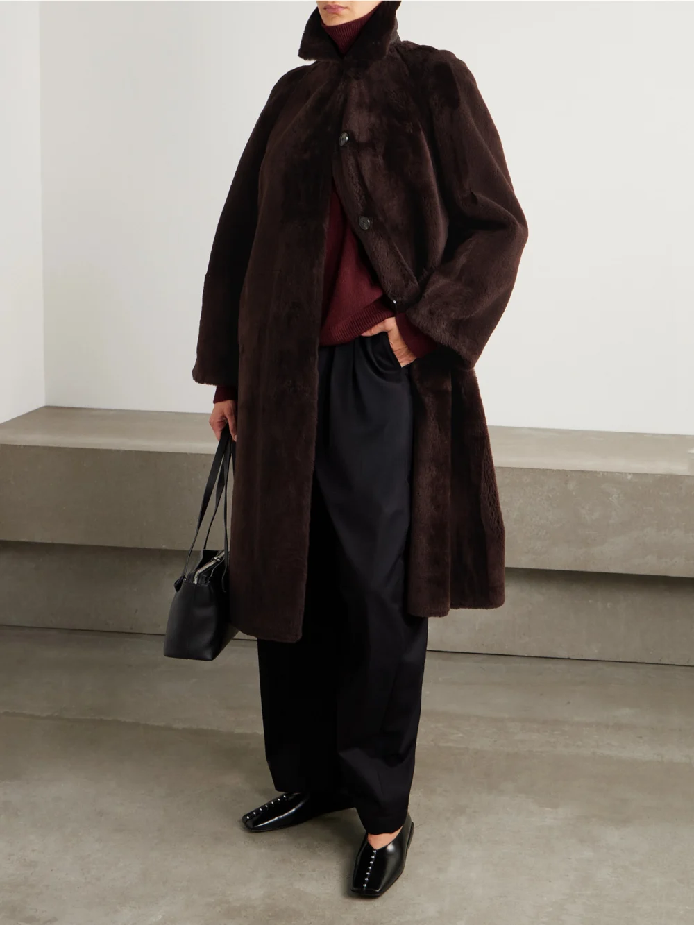 Yves Salomon Shearling Coat, worn by a model