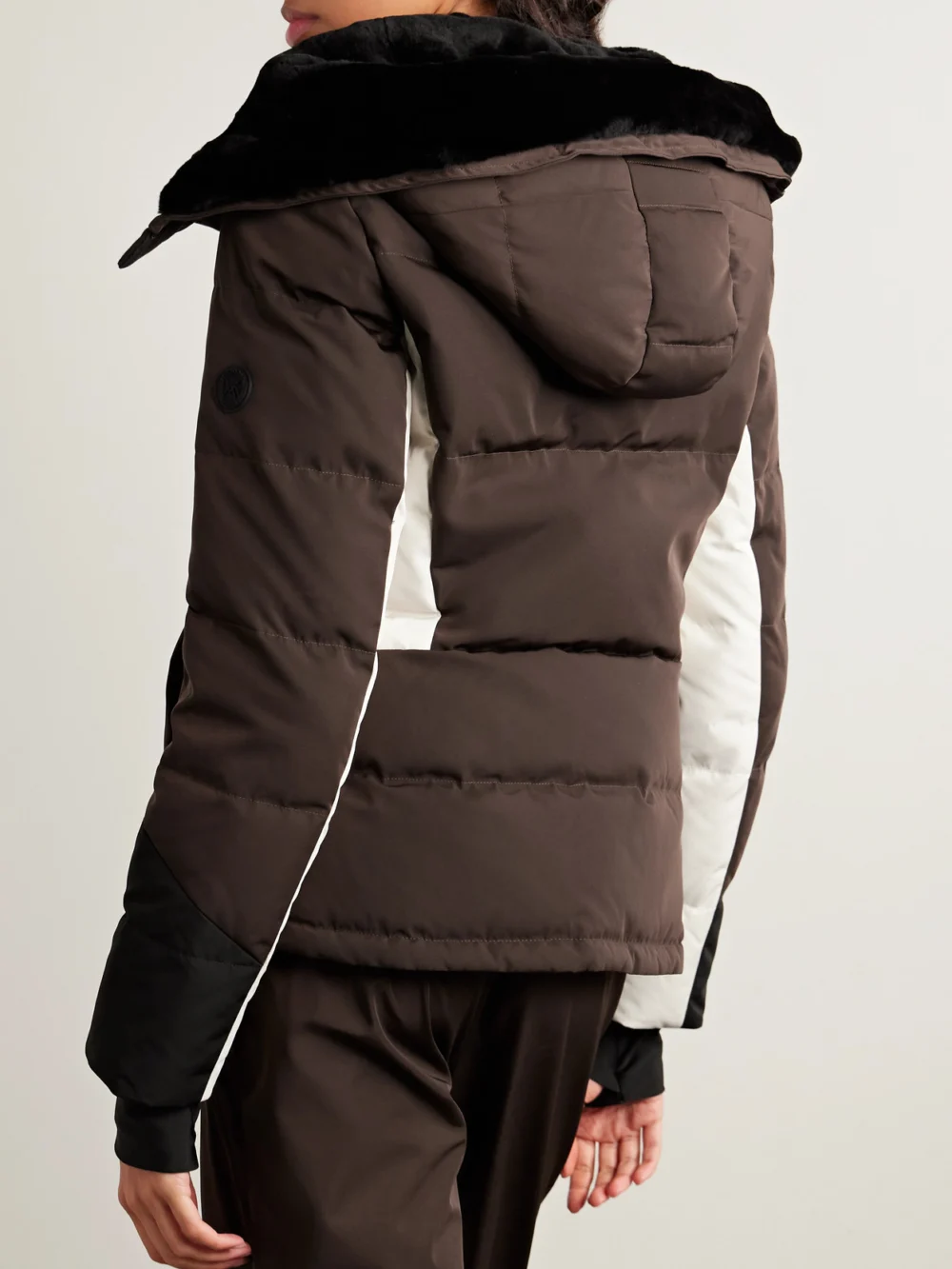 Back view of the Yves Salomon Shearling-trimmed Color-block Padded Shell Ski Jacket
