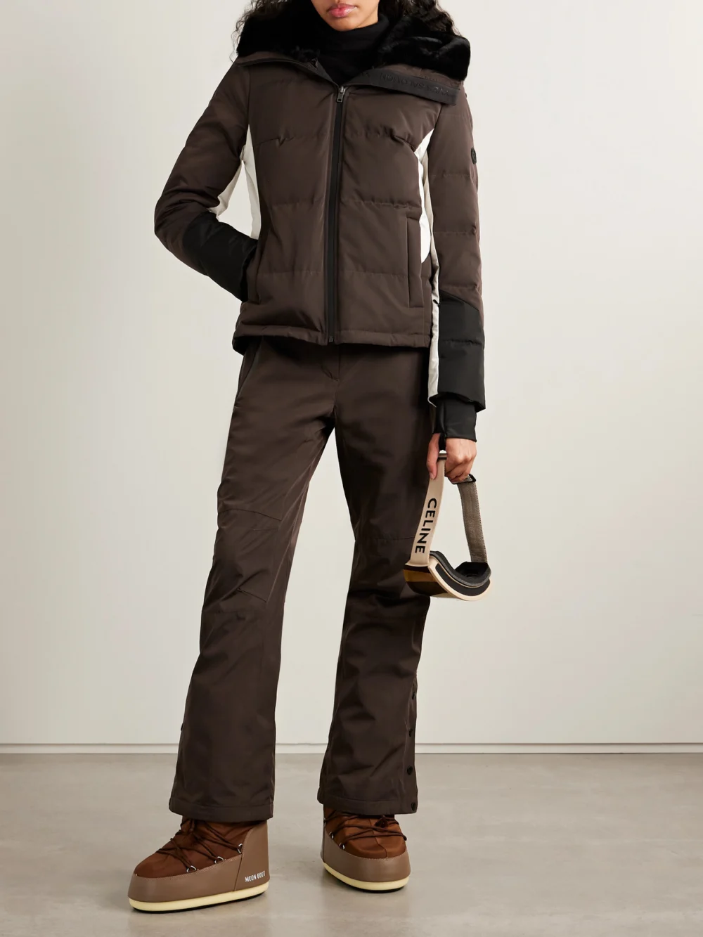 Yves Salomon Shearling-trimmed Color-block Padded Shell Ski Jacket, worn by a model