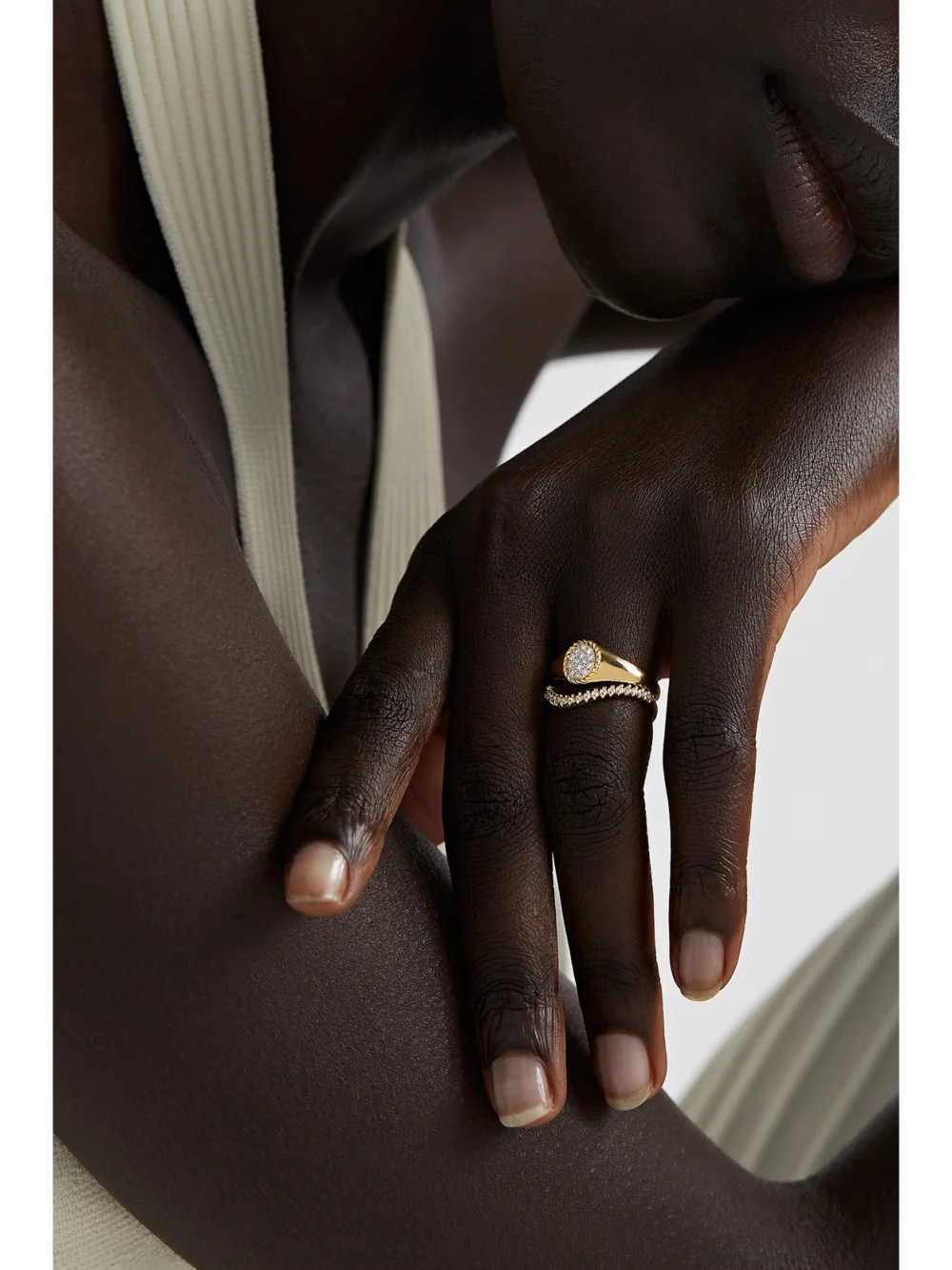 Yvonne Léon 9-karat Gold Diamond Signet Ring Set, styled view