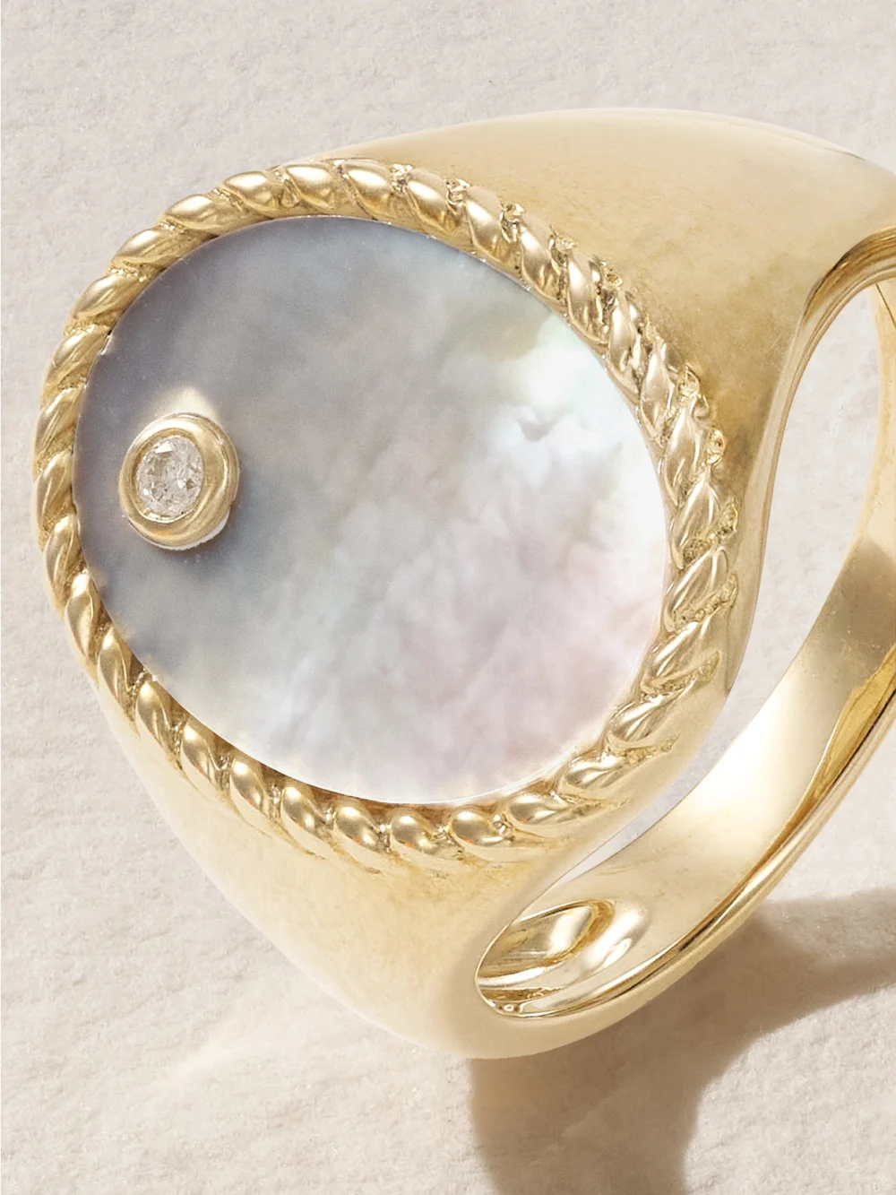 Close-up detail of the Yvonne Léon 9-karat Gold, Mother-of-pearl and Diamond Signet Ring