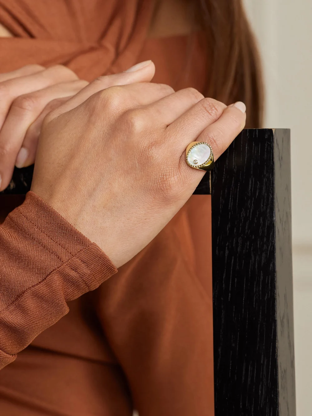 Yvonne Léon 9-karat Gold, Mother-of-pearl and Diamond Signet Ring, styled view