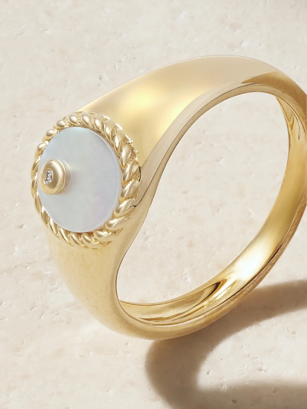 Close-up detail of the Yvonne Léon 9-karat Gold, Mother-of-pearl and Diamond Signet Ring