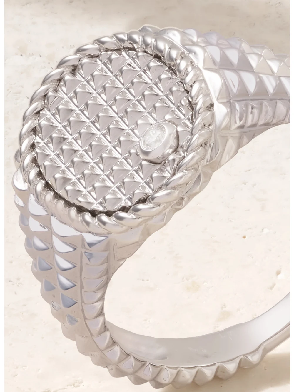 Close-up detail of the Yvonne Léon 9-karat White Gold Diamond Signet Ring