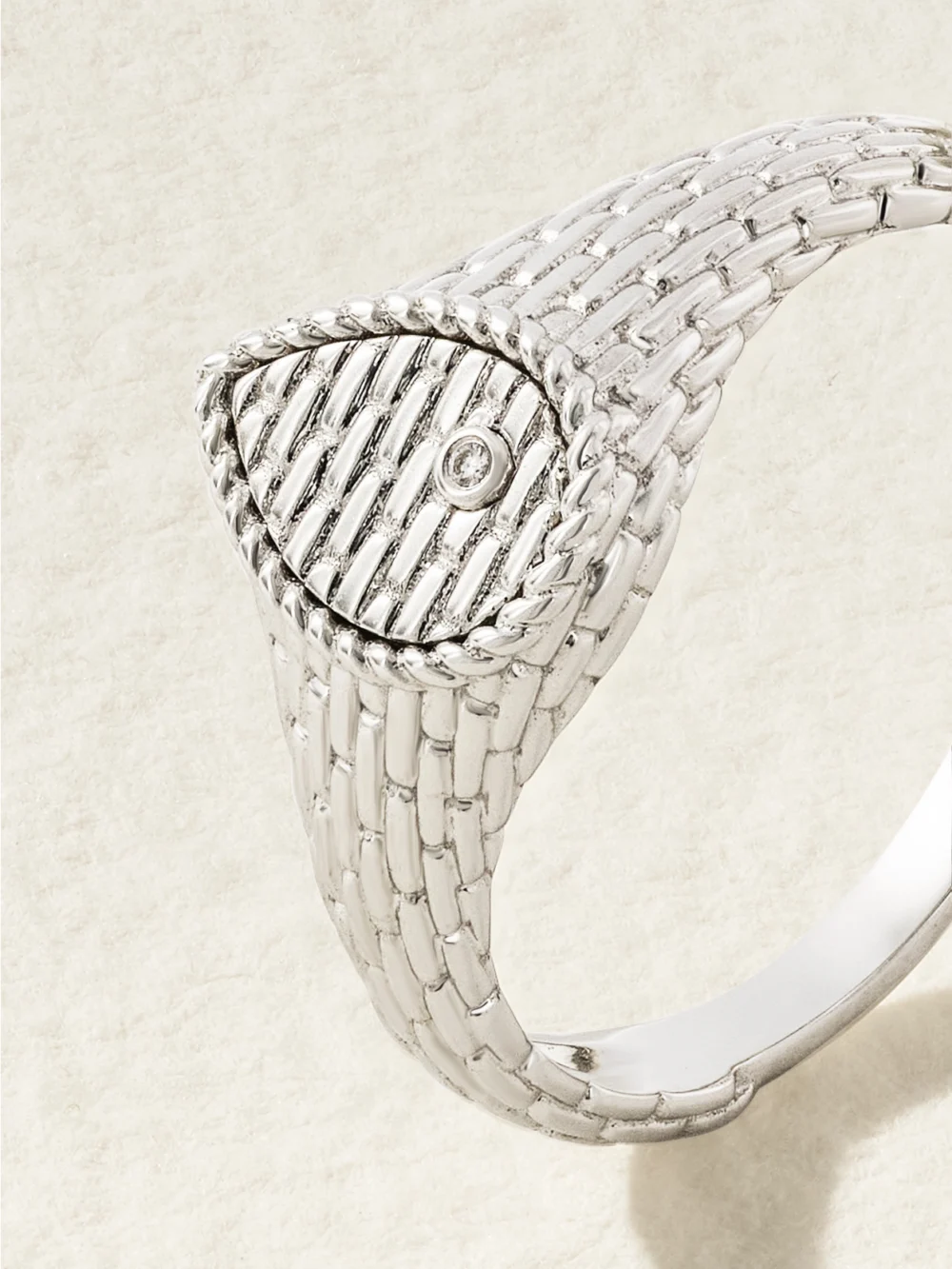 Close-up detail of the Yvonne Léon Baby Chevaliere 9-karat White Gold Diamond Signet Ring
