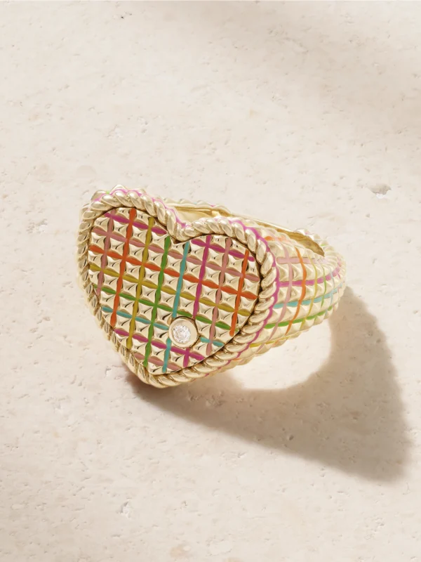 Yvonne Léon Chevaliere Coeur 9-karat Gold, Diamond and Enamel Ring