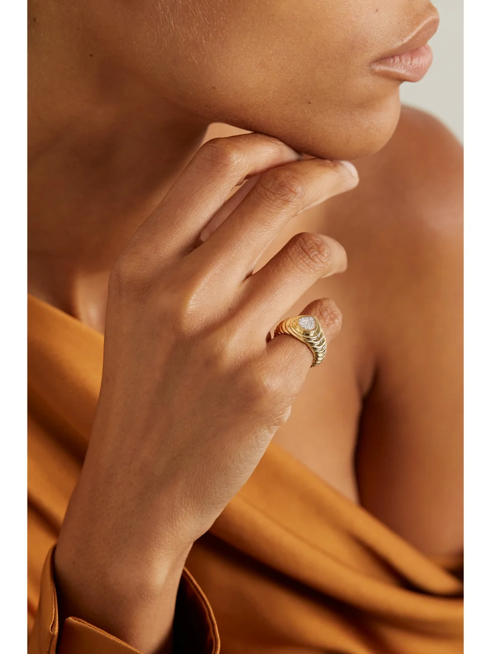 Yvonne Léon Mini 9-karat Gold Diamond Signet Ring, styled view