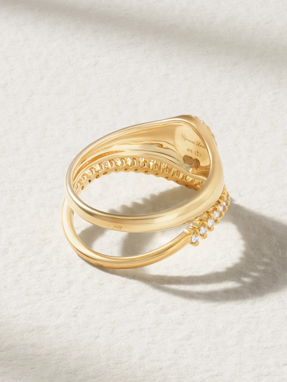 Back view of the Yvonne Léon Mini Chevalière + Alliance Set of Two 9-karat Gold Diamond Signet Rings