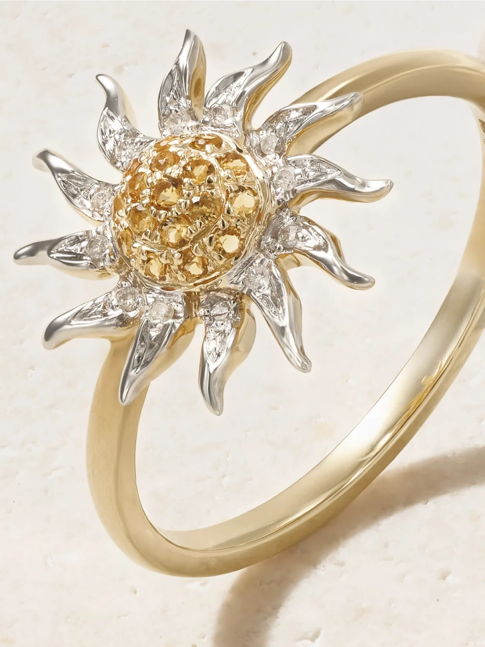 Close-up detail of the Yvonne Léon Mini Soleil 18-karat Yellow and White Gold, Diamond and Citrine Ring