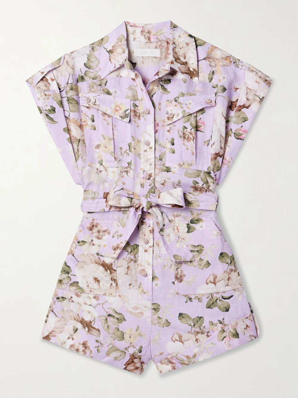 Zimmermann Acacia Belted Floral-print Linen Playsuit in lilac