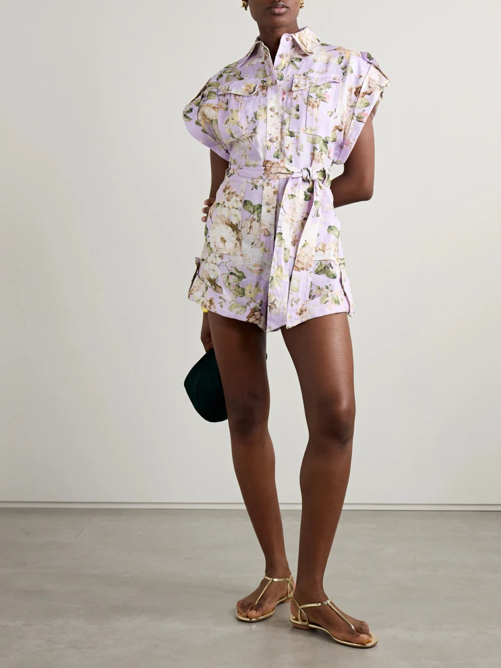 Zimmermann Acacia Belted Floral-print Linen Playsuit, worn by a model