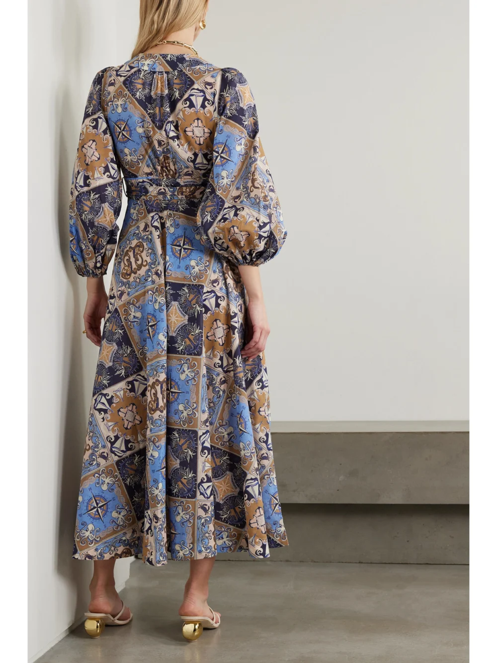 Back view of the Zimmermann Alight Belted Printed Cotton Midi Wrap Dress