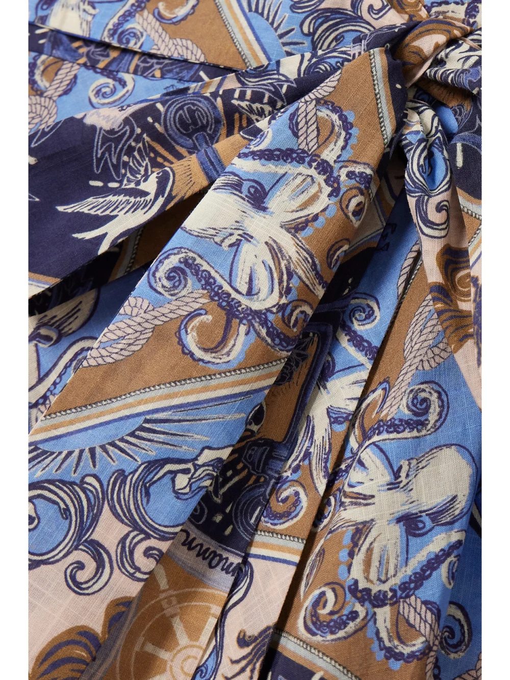 Close-up detail of the Zimmermann Alight Belted Printed Cotton Midi Wrap Dress