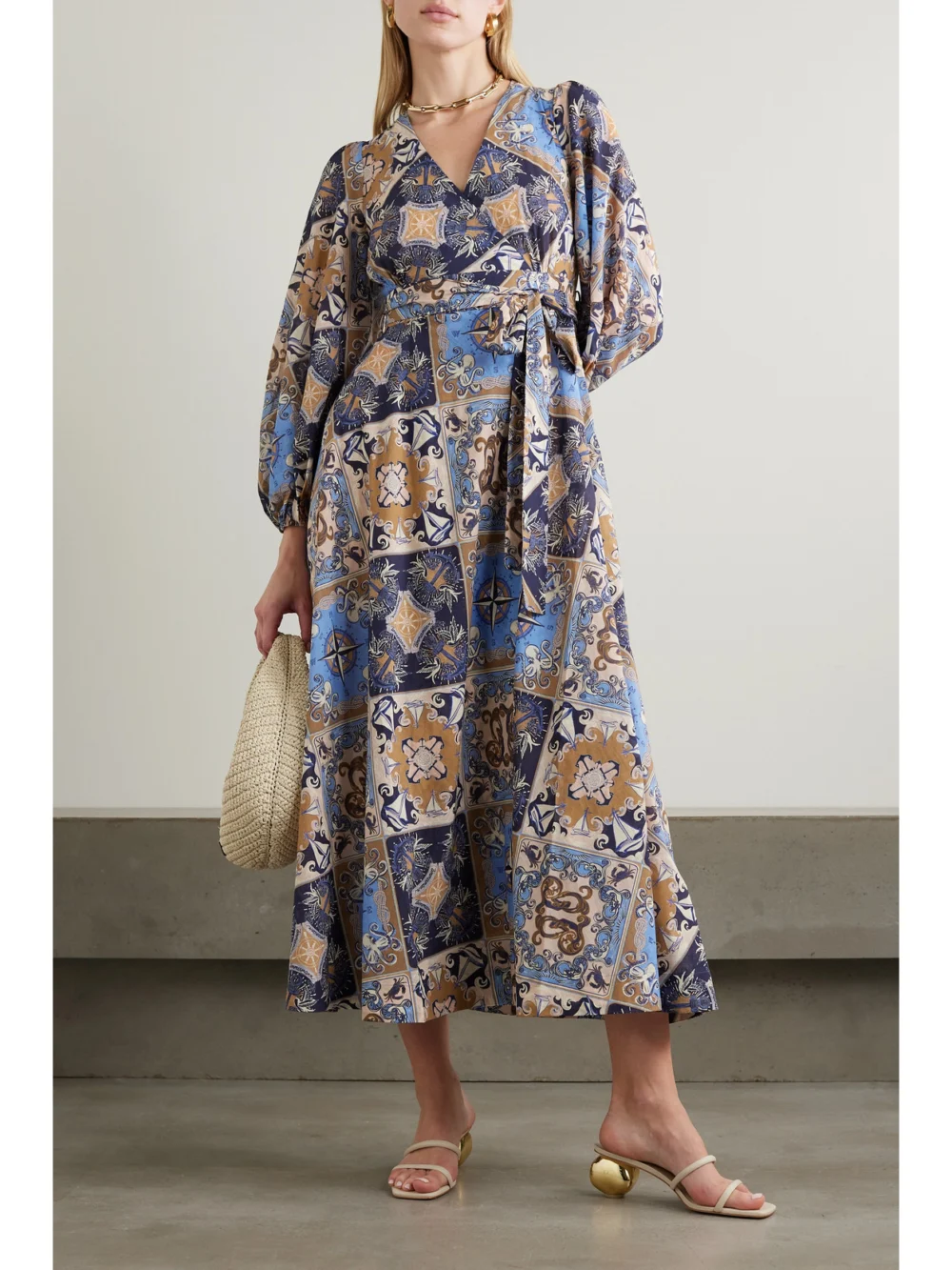 Zimmermann Alight Belted Printed Cotton Midi Wrap Dress, worn by a model