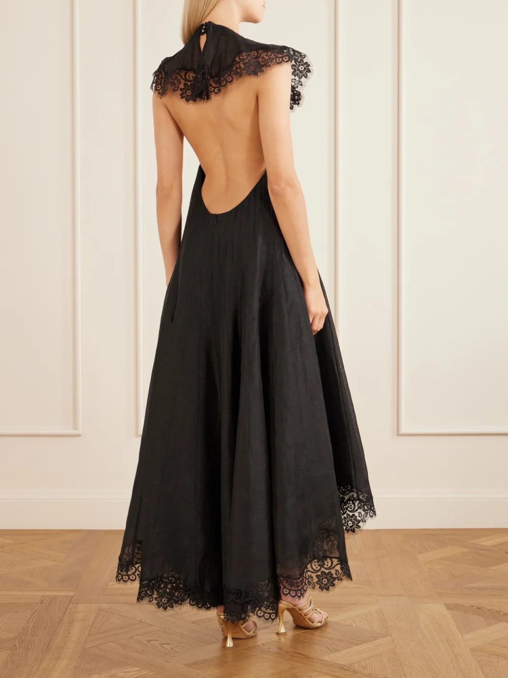 Back view of the Zimmermann Ascent Open-back Lace-trimmed Linen and Silk-blend Midi Dress