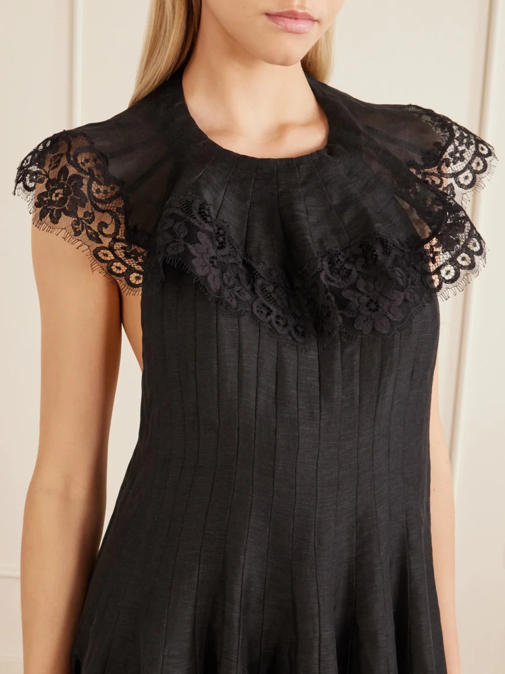 Close-up detail of the Zimmermann Ascent Open-back Lace-trimmed Linen and Silk-blend Midi Dress