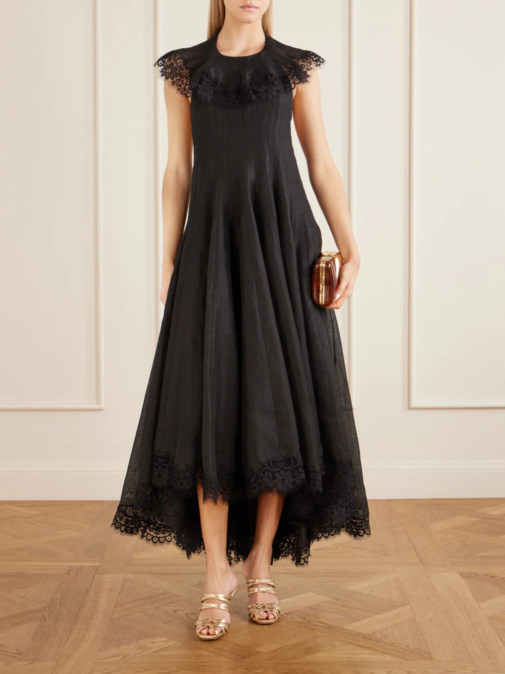 Zimmermann Ascent Open-back Lace-trimmed Linen and Silk-blend Midi Dress, worn by a model