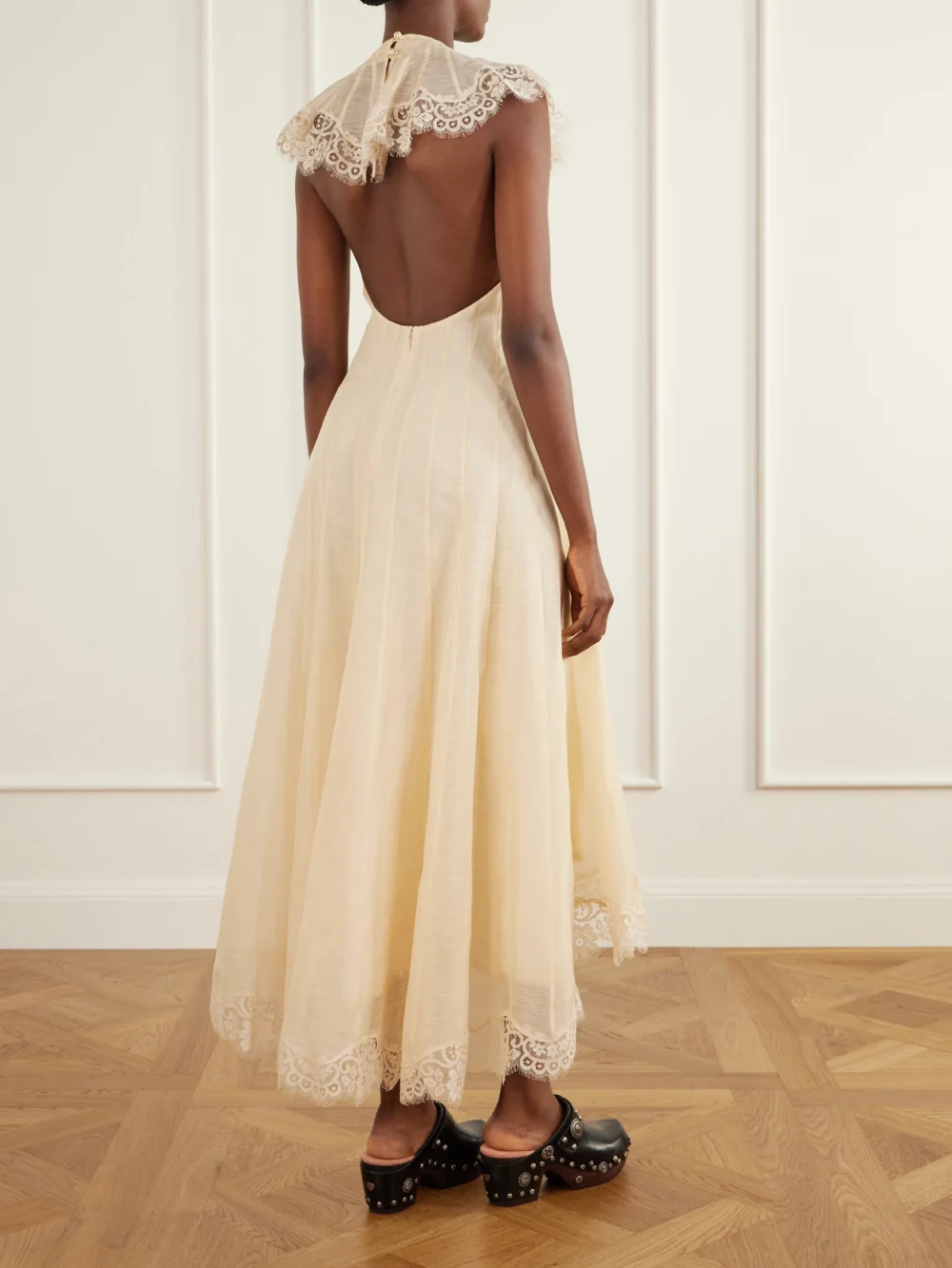 Back view of the Zimmermann Ascent Open-back Lace-trimmed Linen and Silk-blend Midi Dress
