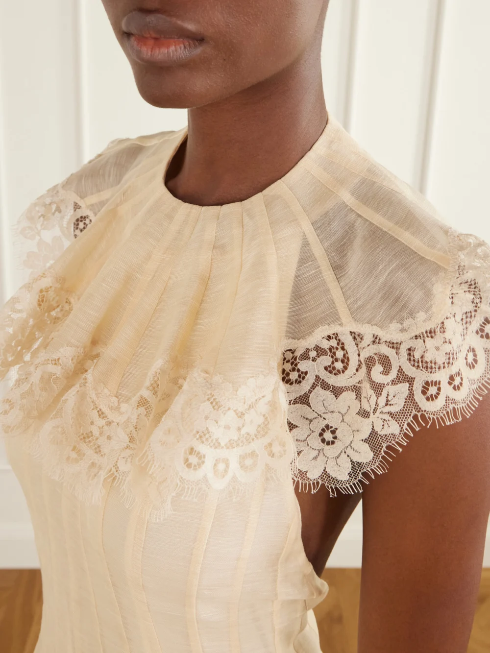 Close-up detail of the Zimmermann Ascent Open-back Lace-trimmed Linen and Silk-blend Midi Dress