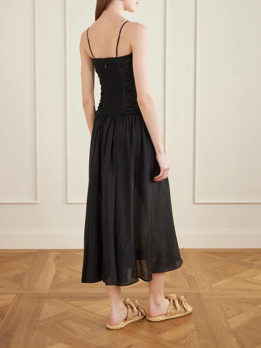 Back view of the Zimmermann Aster Cutout Gathered Silk-chiffon Midi Dress
