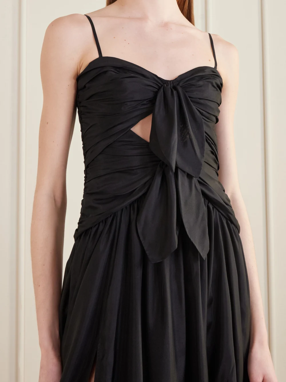 Close-up detail of the Zimmermann Aster Cutout Gathered Silk-chiffon Midi Dress