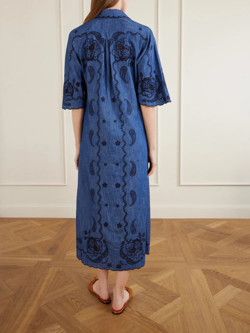 Back view of the Zimmermann Aster Embroidered Denim Midi Dress