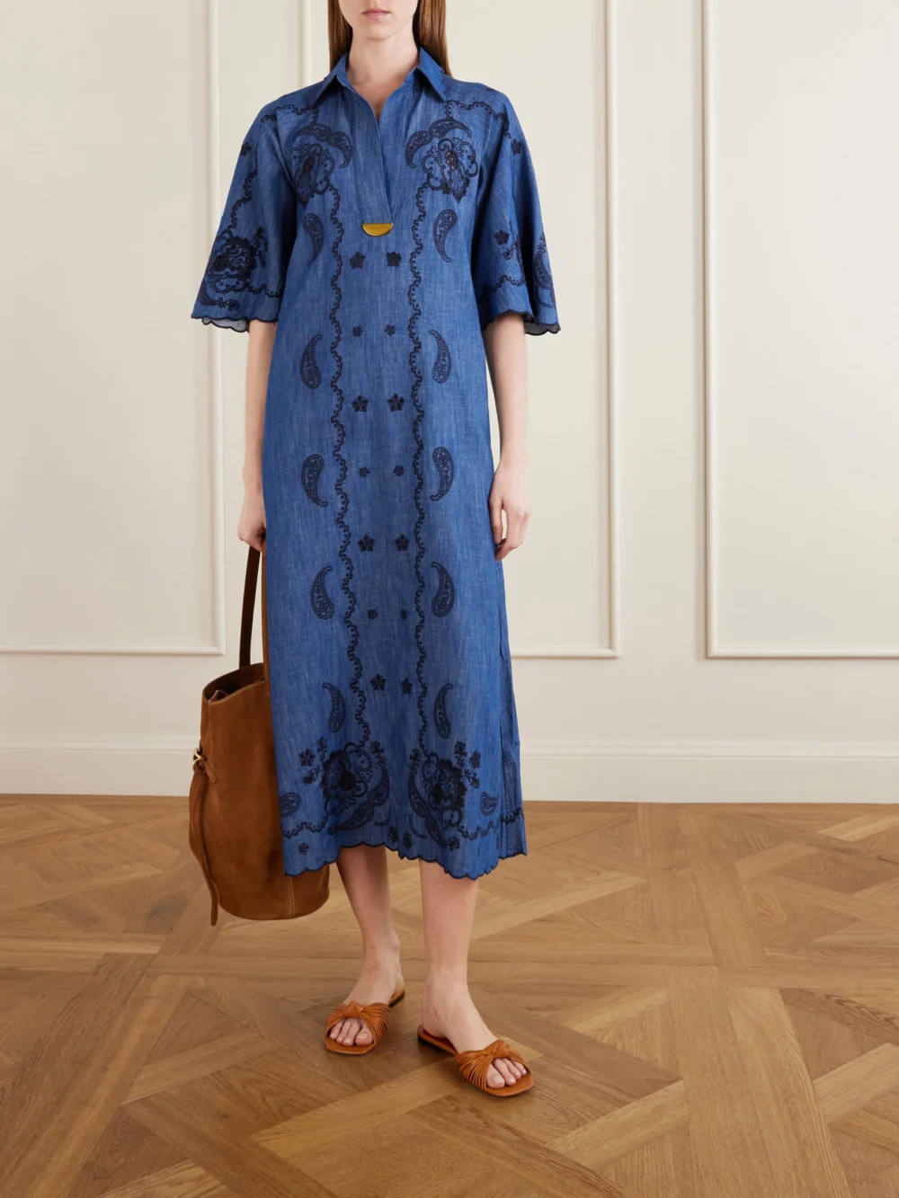 Zimmermann Aster Embroidered Denim Midi Dress, worn by a model