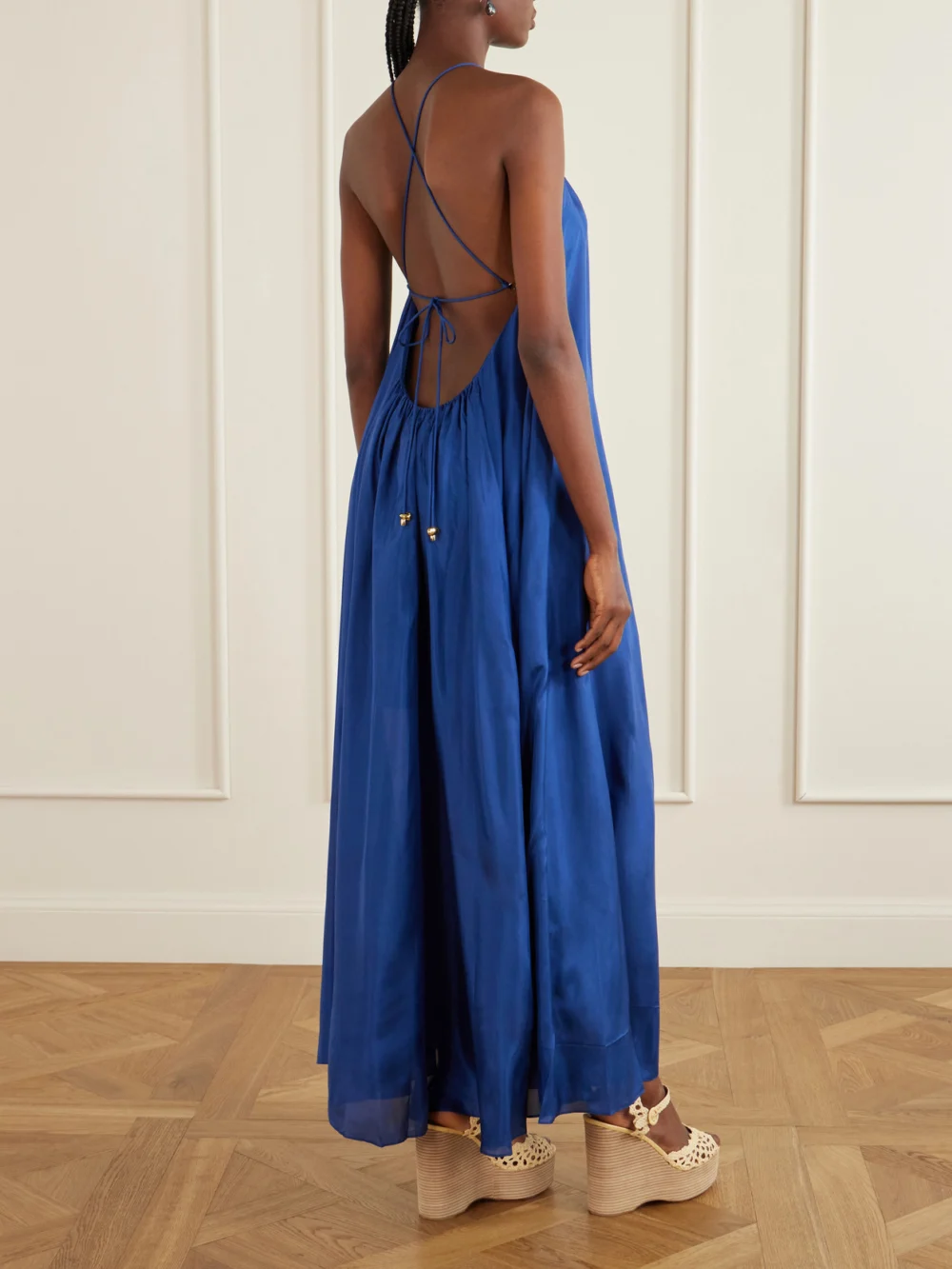 Back view of the Zimmermann Aster Gathered Beaded Silk-satin Maxi Dress