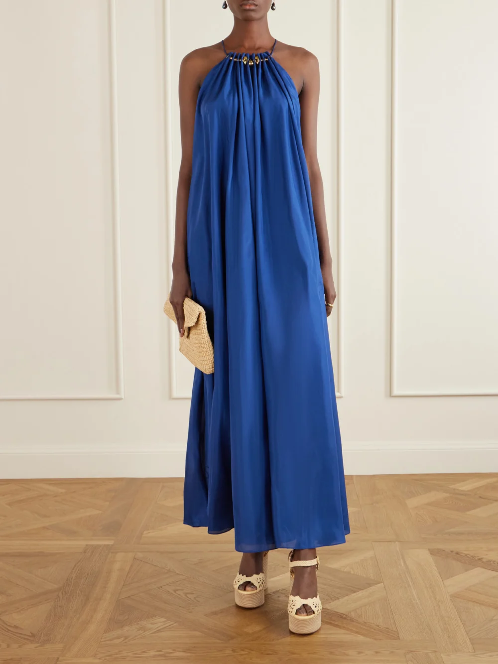 Zimmermann Aster Gathered Beaded Silk-satin Maxi Dress, worn by a model