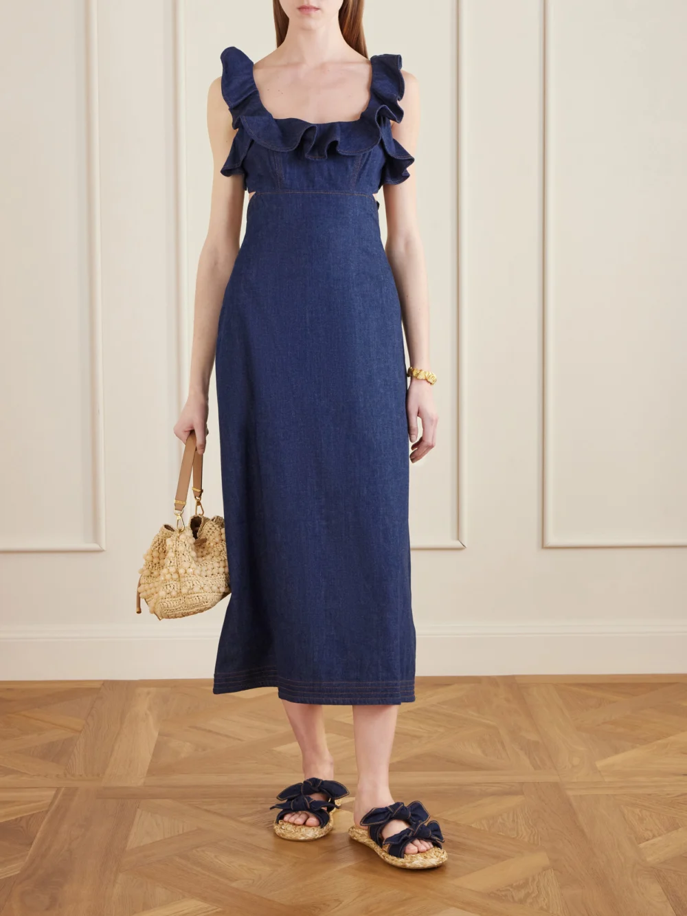 Zimmermann Aster Ruffled Denim Midi Dress, worn by a model