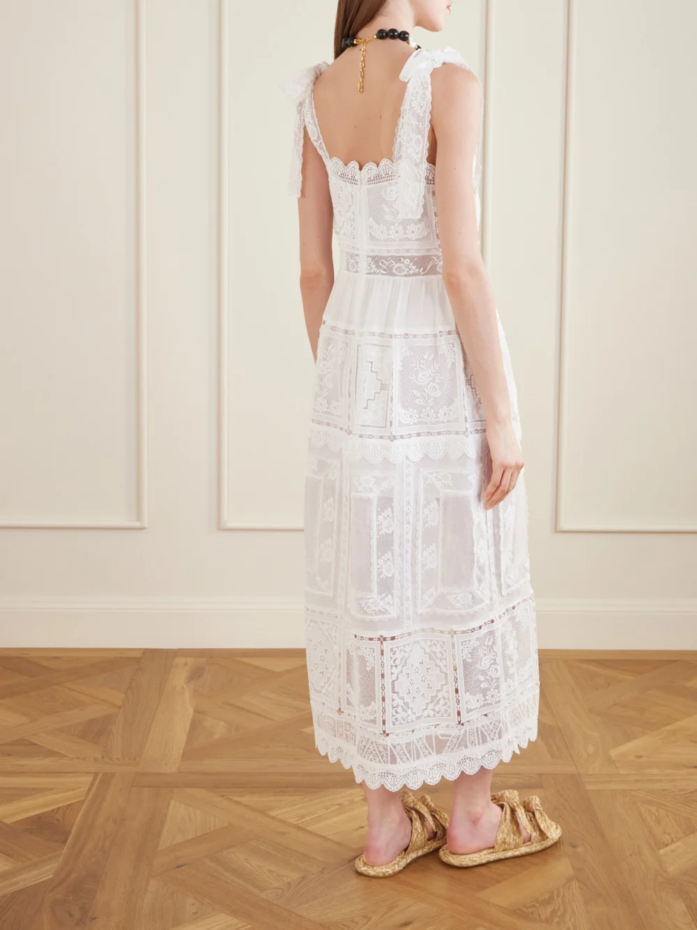 Back view of the Zimmermann Aster Scalloped Lace-trimmed Maxi Dress