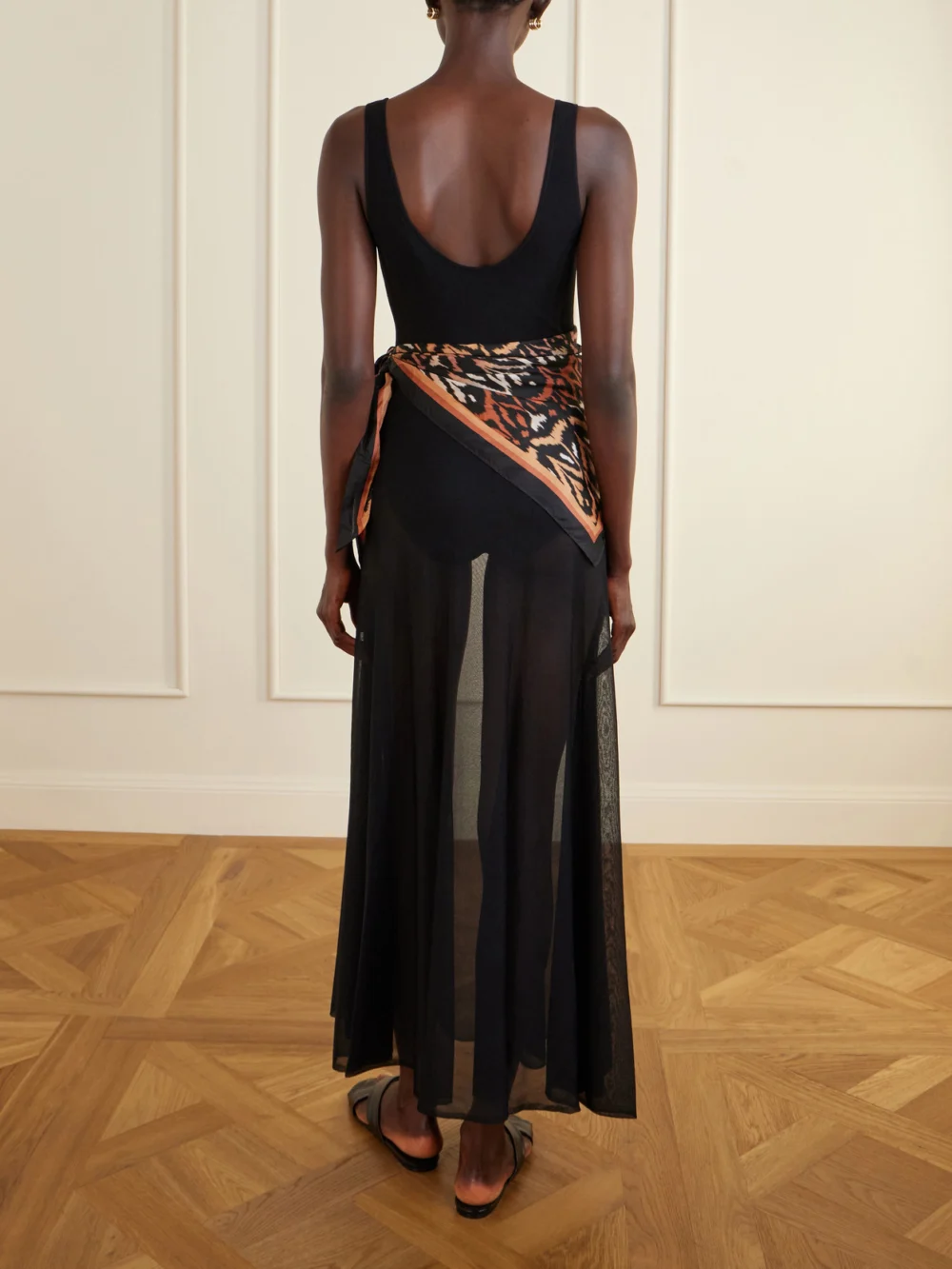 Back view of the Zimmermann Aster Scarf-detailed Organza Maxi Dress