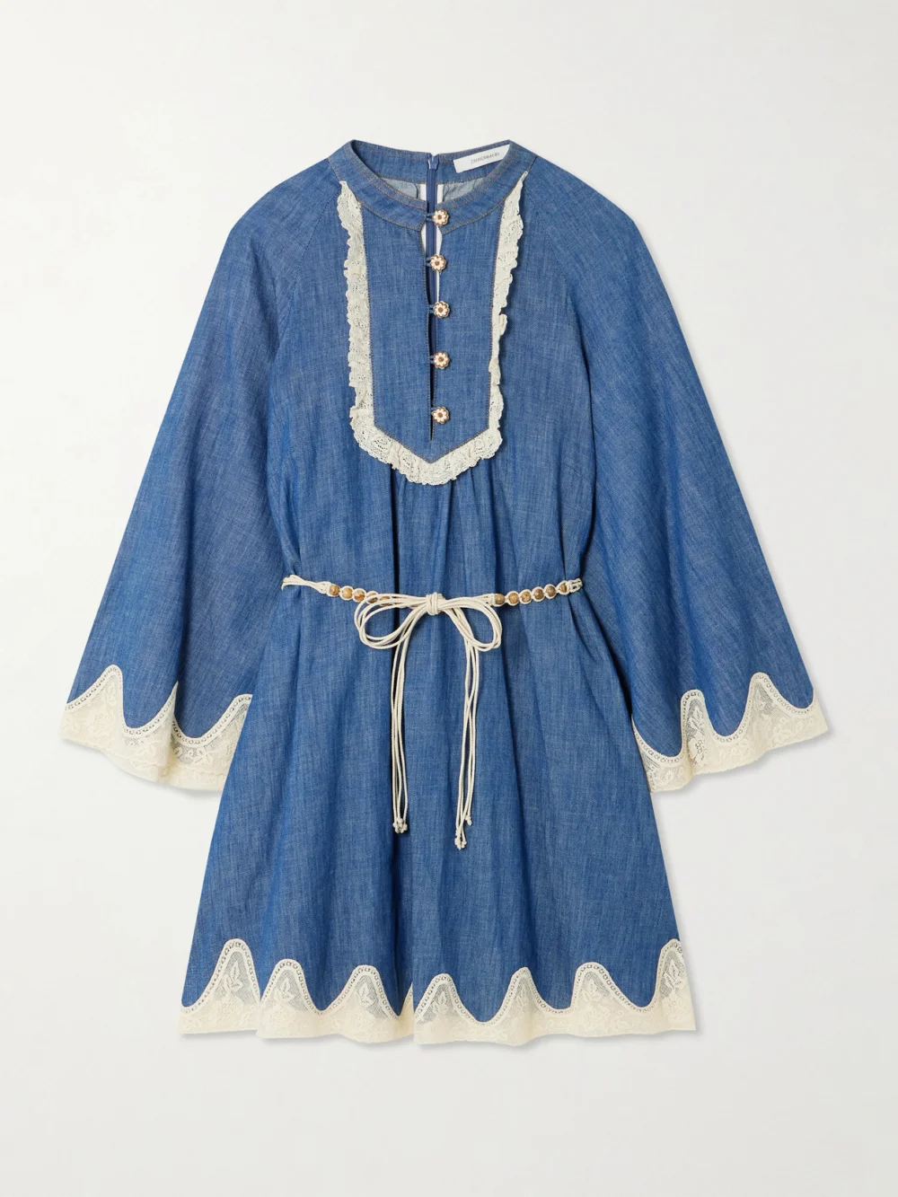 Zimmermann Awaken Belted Lace-trimmed Denim Mini Dress in mid denim