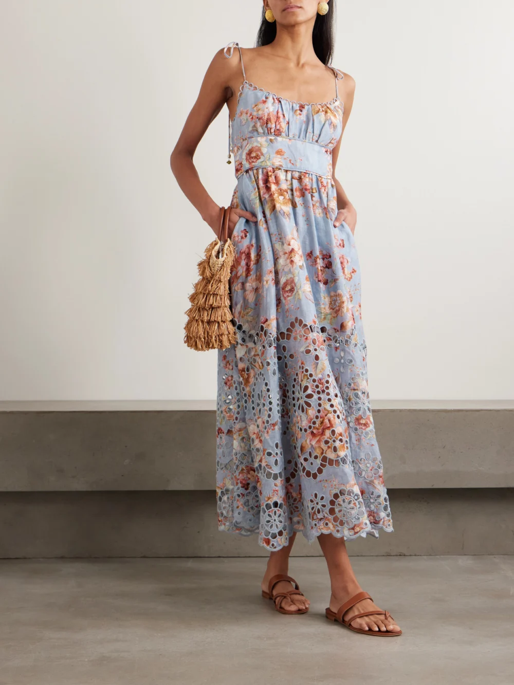 Zimmermann Awaken Floral-print Broderie Anglaise Linen Midi Dress, worn by a model