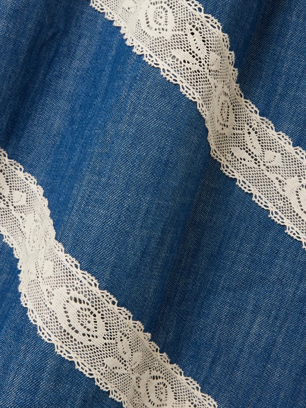 Close-up detail of the Zimmermann Awaken Lace-trimmed Denim Midi Dress