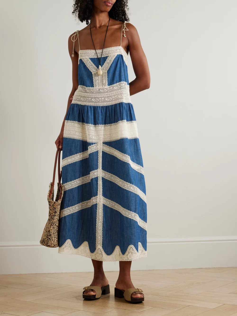 Zimmermann Awaken Lace-trimmed Denim Midi Dress, worn by a model