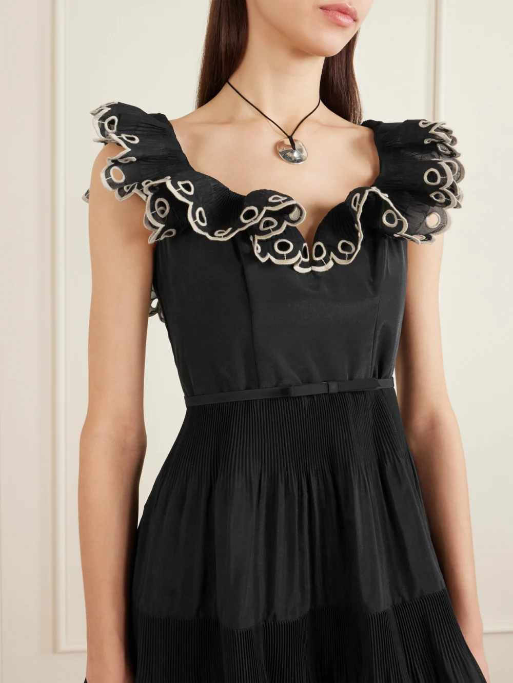 Close-up detail of the Zimmermann Belted Embroidered Ruffled Pleated Organza Mini Dress