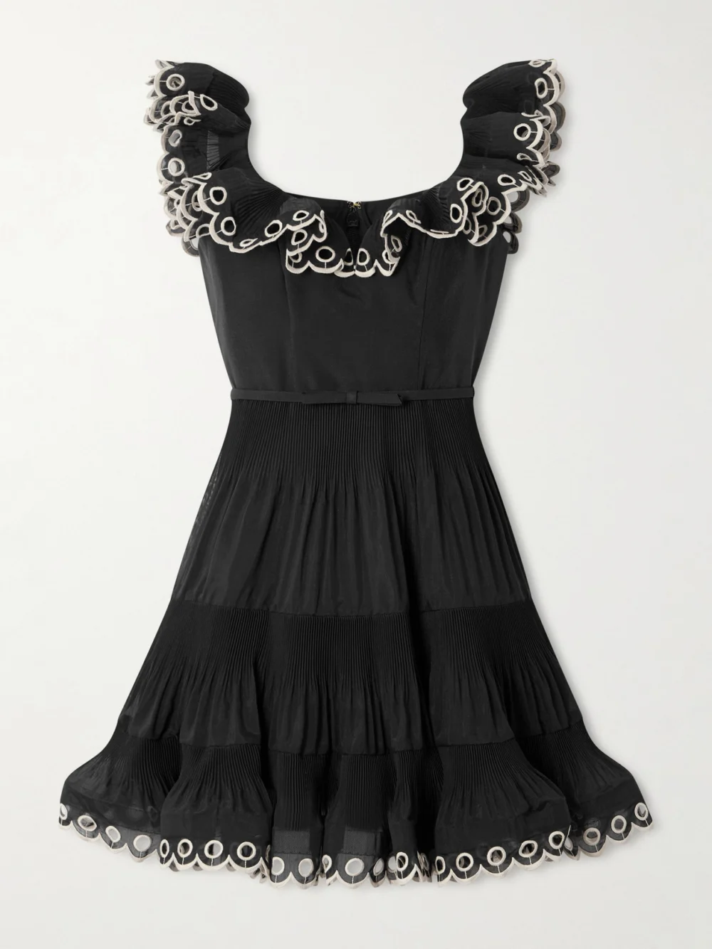 Zimmermann Belted Embroidered Ruffled Pleated Organza Mini Dress in black
