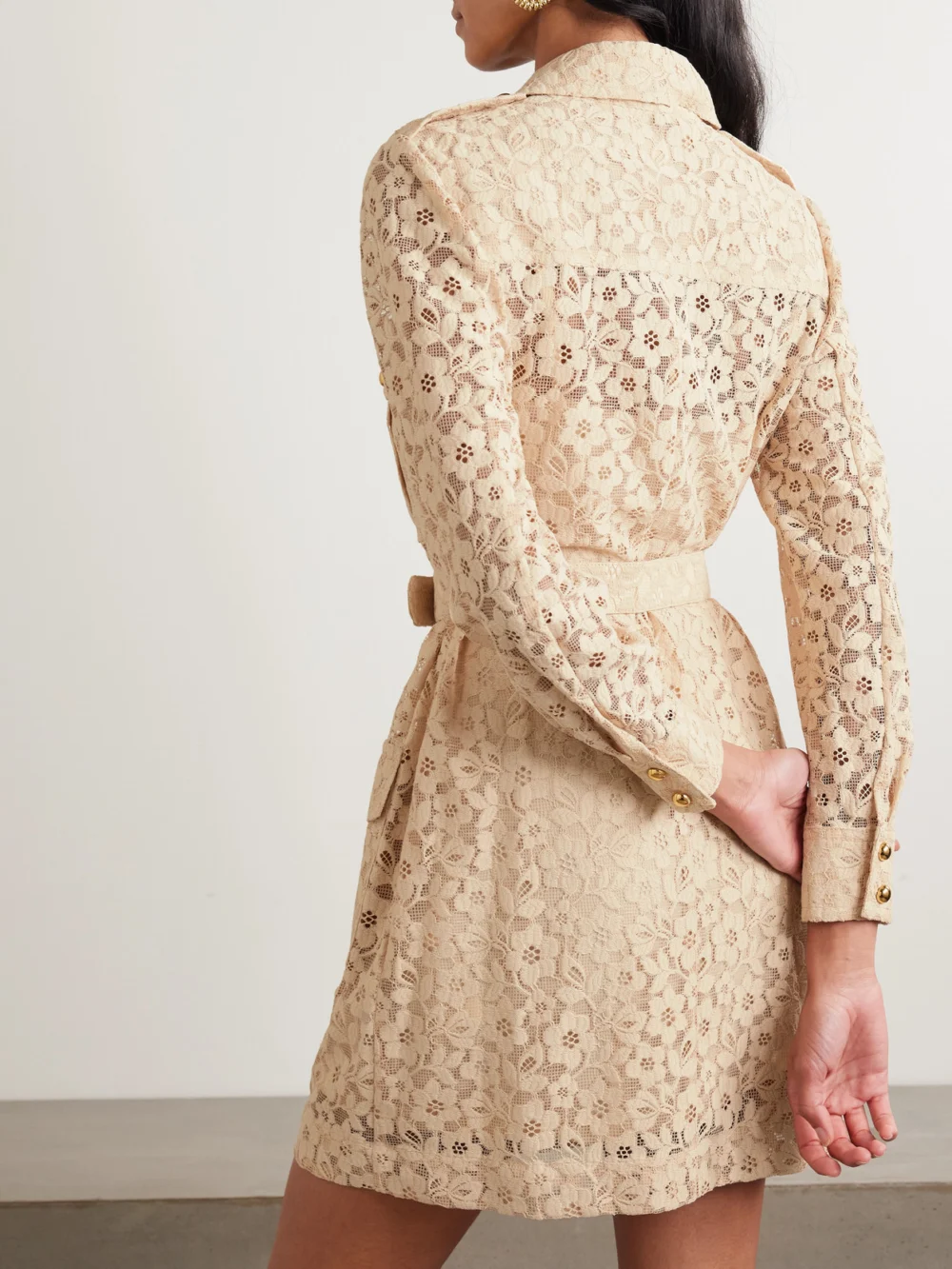 Back view of the Zimmermann Belted Lace Mini Shirt Dress
