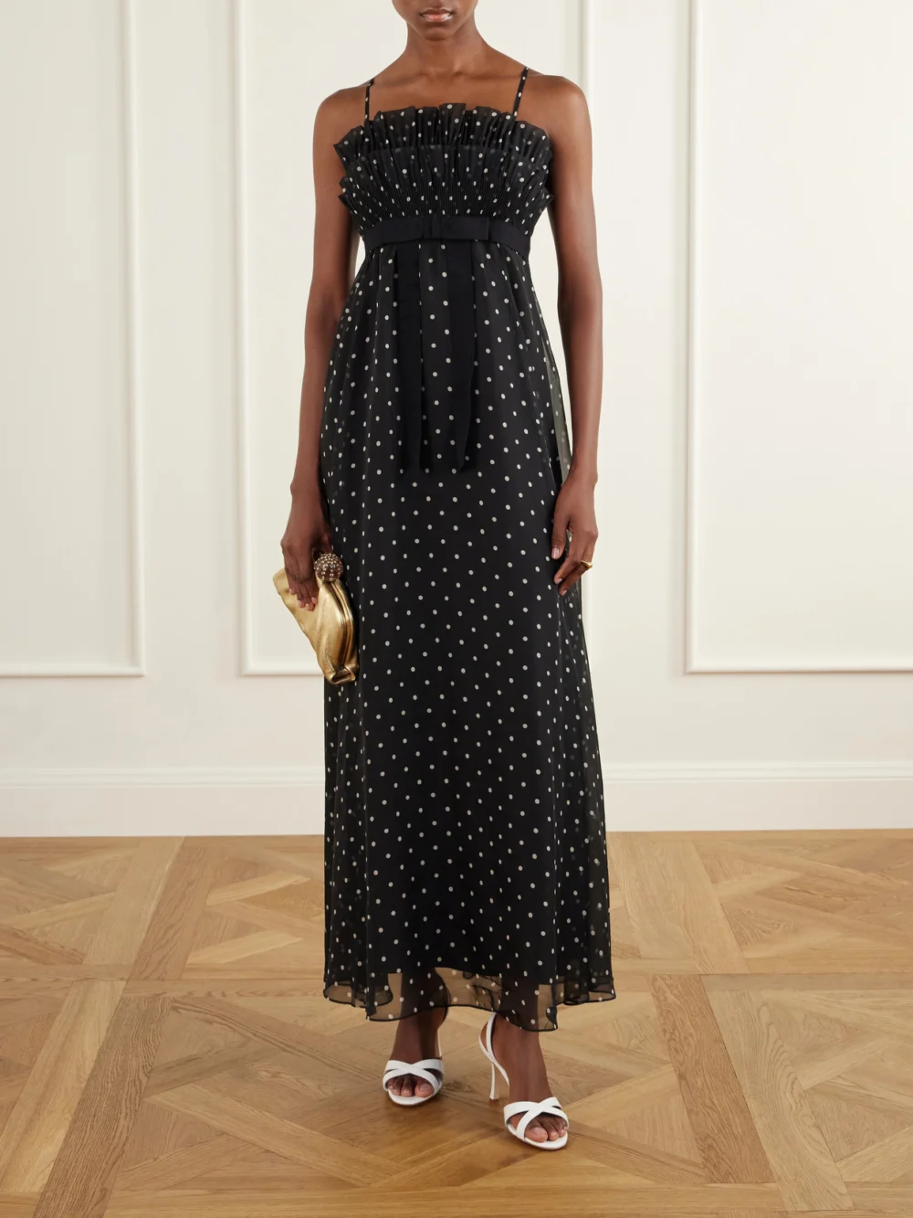 Zimmermann Bow-detailed Pleated Ruffled Polka-dot Chiffon Maxi Dress, worn by a model