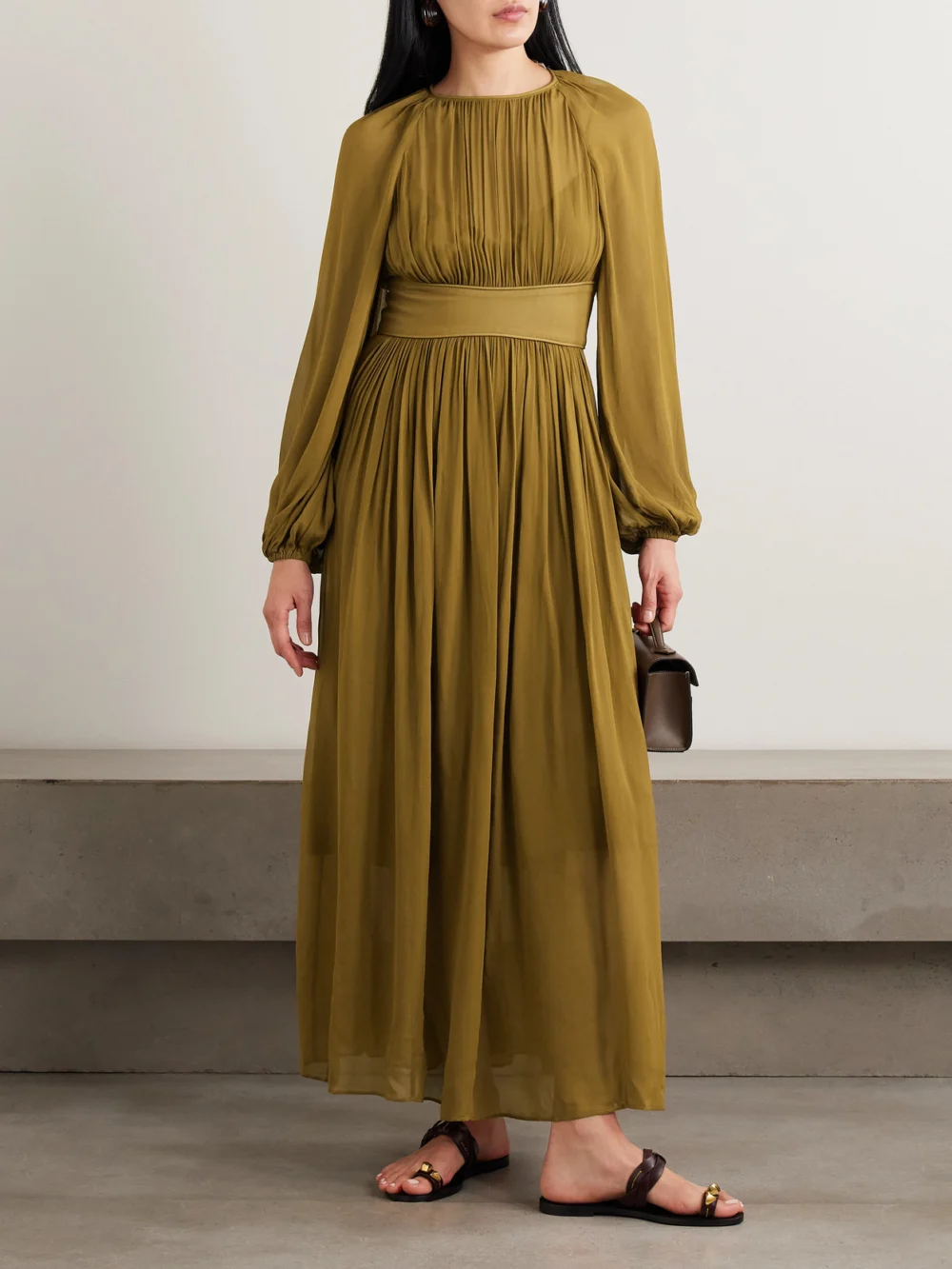 Zimmermann Carousel Billow Draped Georgette Maxi Dress, worn by a model