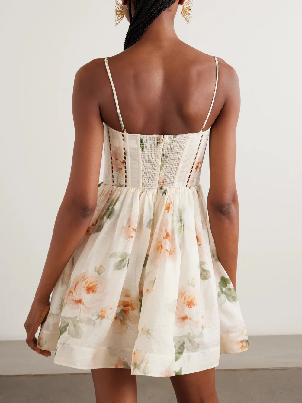 Back view of the Zimmermann Carousel Floral-print Linen and Silk-blend Mini Dress