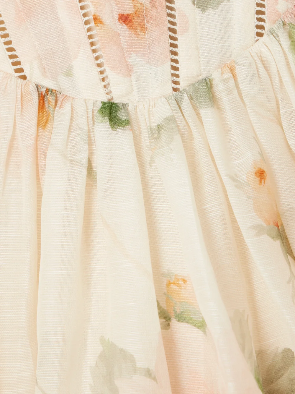 Close-up detail of the Zimmermann Carousel Floral-print Linen and Silk-blend Mini Dress