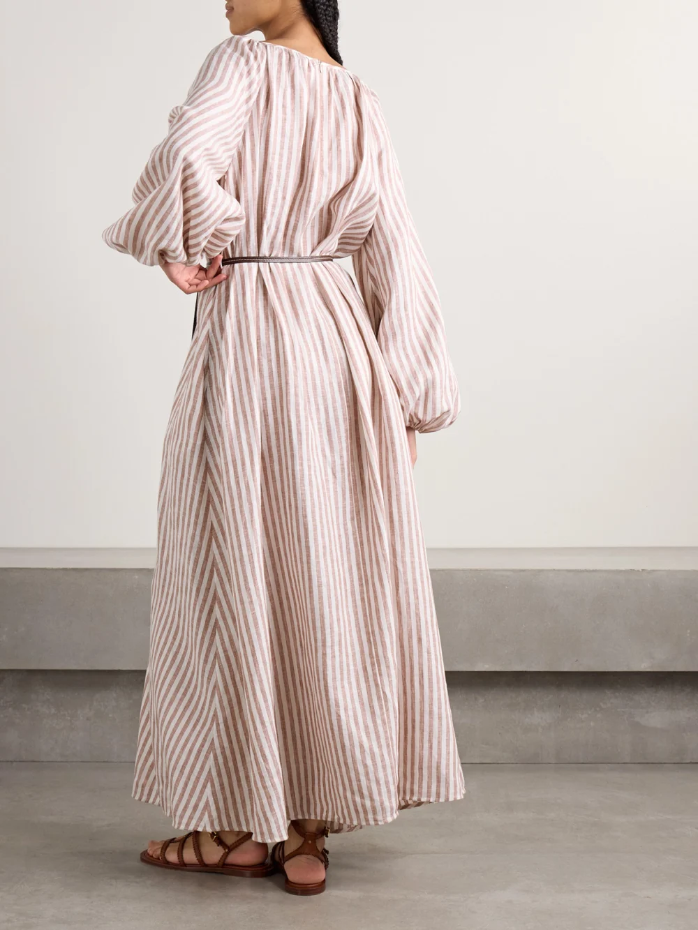 Back view of the Zimmermann Cascadian Oversized Belted Striped Linen Maxi Dress