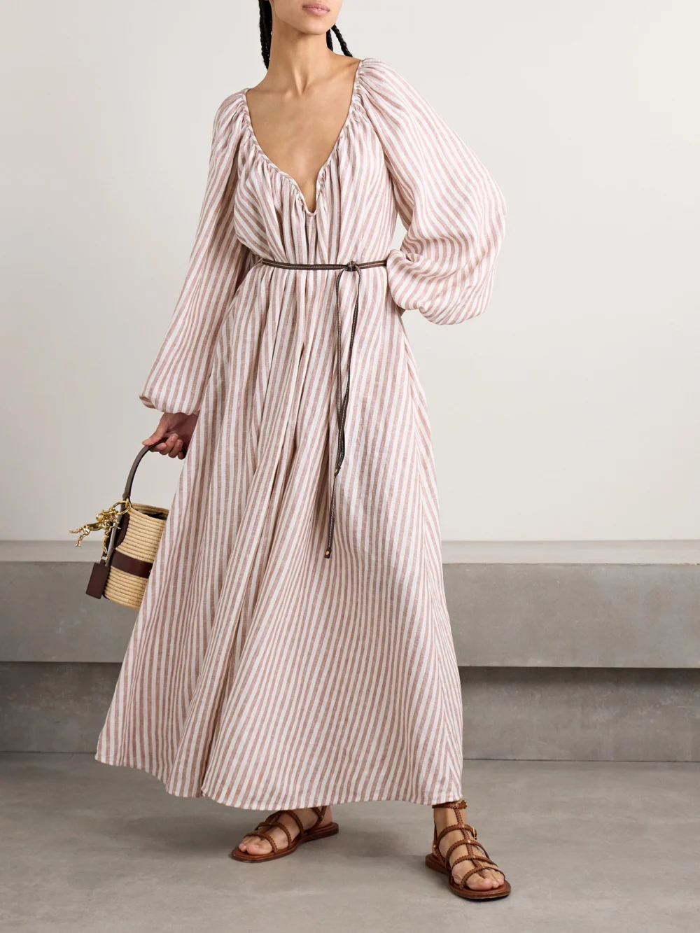 Zimmermann Cascadian Oversized Belted Striped Linen Maxi Dress, worn by a model