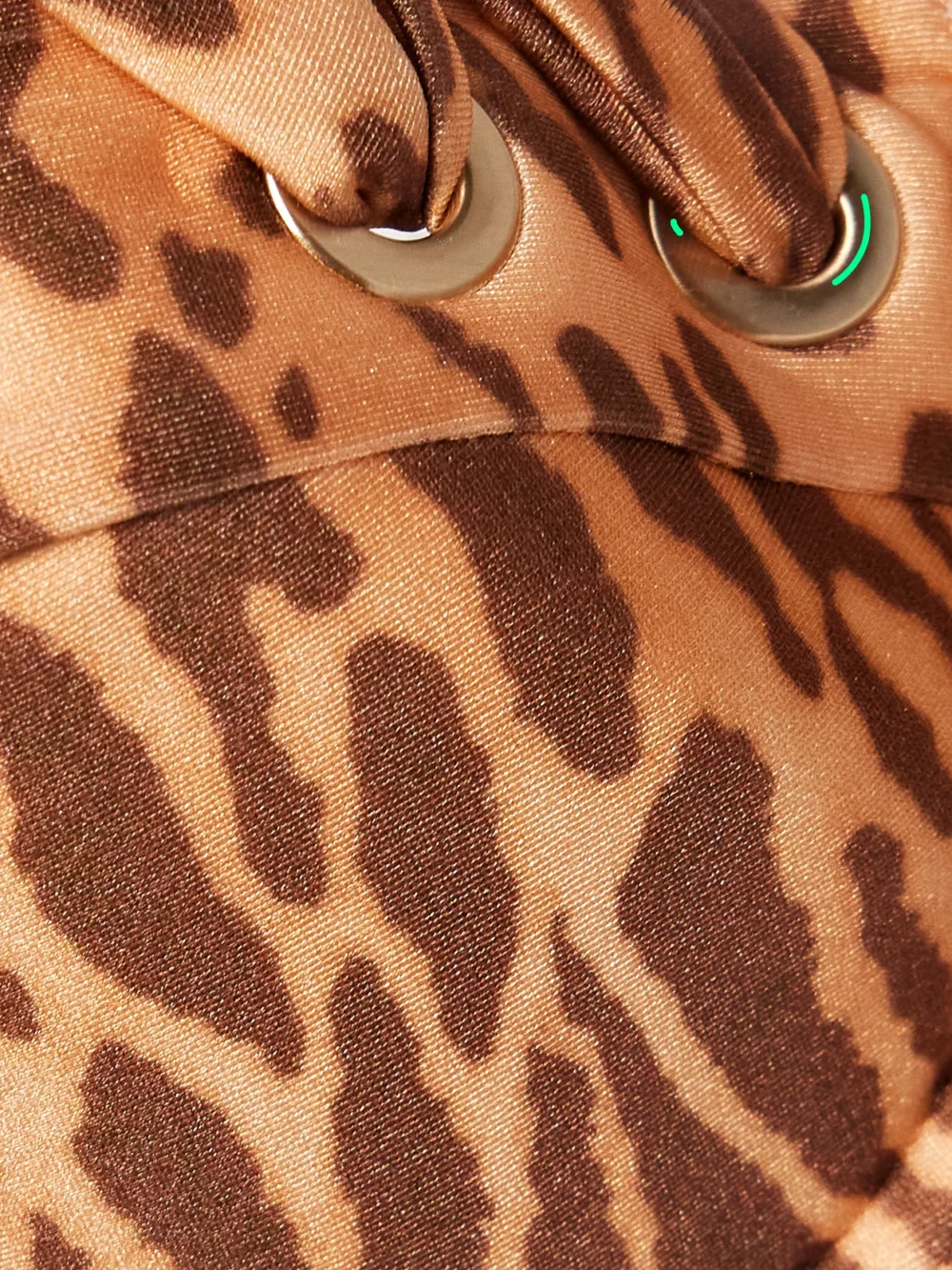 Close-up detail of the Zimmermann Cascadian Strapless Whipstitched Leopard-print Underwired Bikini Top