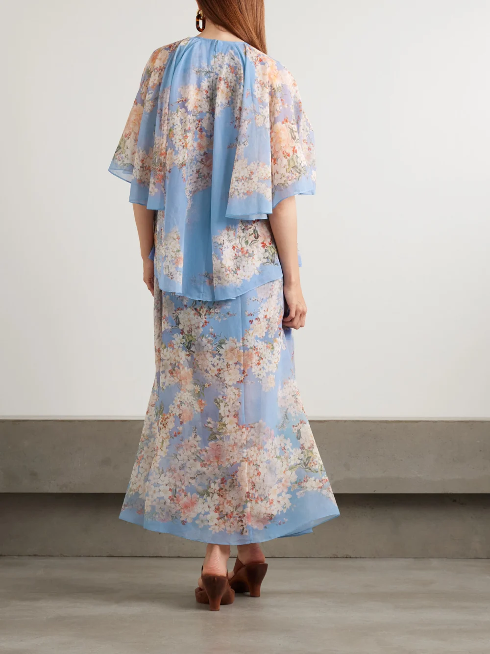 Back view of the Zimmermann Cascadian Tiered Ruffled Floral-print Recycled-georgette Maxi Dress